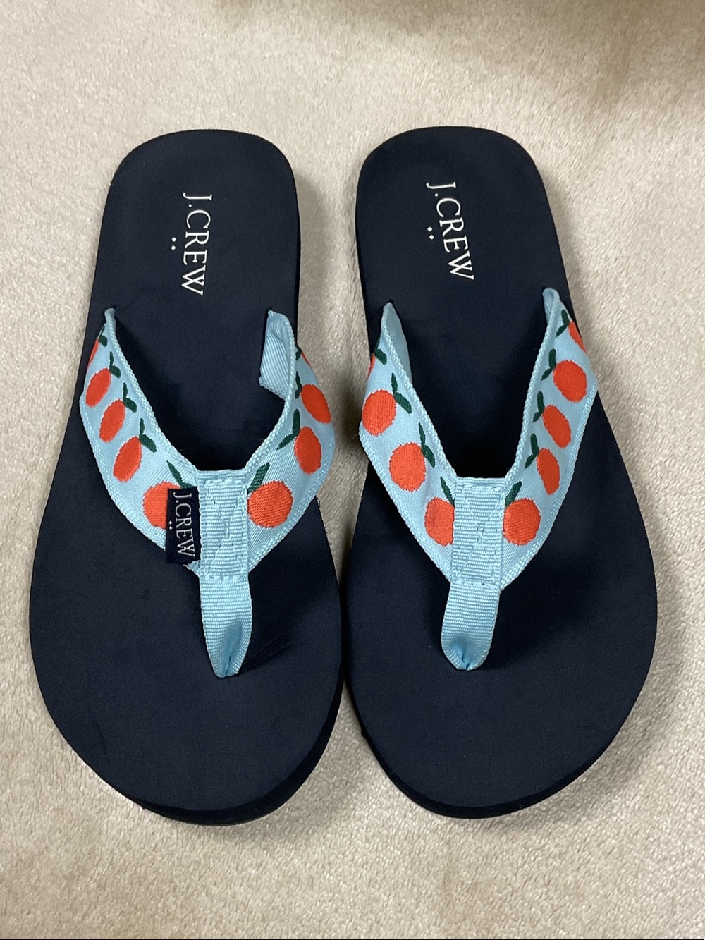 J. Crew Factory Navy Flip Flops with Peach 🍑 Pattern Size 8